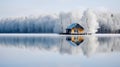 Mystical Morning: Foggy Lake with Wooden House in the Foreground