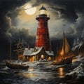 Guiding Light in the Storm: A Lighthouse at Night Amidst the Rough Sea Royalty Free Stock Photo