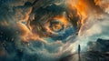 Dare to Dream: Silhouette on Cliff Gazes at Celestial Canvas of Swirling Clouds and Stars (AI-Generated)