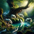 Mystical Haven: AI-Generated Unicorns by Ancient Forest Pond