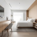 A minimalist hotel room with clean lines, a neutral color palette