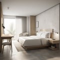 A minimalist hotel room with clean lines, a neutral color palette