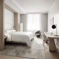 A minimalist hotel room with clean lines, a neutral color palette