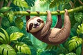 Cartoon Sloth Hanging Lazily from a Lush Green Tree Branch - Vibrant Jungle Foliage Background, Wide-Eyed Tranquility Royalty Free Stock Photo