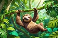 Cartoon Sloth Hanging Lazily from a Lush Green Tree Branch - Vibrant Jungle Foliage Background, Wide-Eyed Tranquility