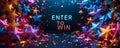 Enter to Win bold 3D text surrounded by vibrant multicolored stars, symbolizing contest, sweepstakes, rewards, chance, and