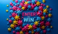 Enter to Win bold 3D text surrounded by vibrant multicolored stars, symbolizing contest, sweepstakes, rewards, chance, and