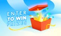 Enter to Win Prizes Banner. Open Red Gift Box with Confetti Fireworks on Blue Background. Raffle, Lottery Promo Poster