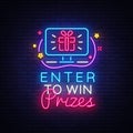 Enter to win Prizes neon sign vector design template. Gift neon design, light banner design element colorful modern