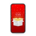 Enter to Win Prizes. Open Red Gift Box and Confetti on smartphone screen. Win Prize. Vector stock Illustration Royalty Free Stock Photo