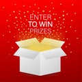Enter to Win Prizes. Open Red Gift Box and Confetti. Vector stock Illustration Royalty Free Stock Photo
