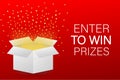 Enter to Win Prizes. Open Red Gift Box and Confetti. Vector stock Illustration Royalty Free Stock Photo