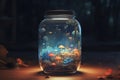 A jar containing a small, interactive video game, beautiful background