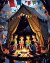night of adventures: camping, bonfire, and the magic of childhood friendship Royalty Free Stock Photo