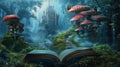 Enter a world of makebelieve with our Fairy Tale Book podium where a mystical fog hangs over a forest of mystical Royalty Free Stock Photo