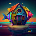 Colorful fish house. AI art generated