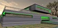 Entering the garage of an elite futuristic housing. Illumination of the facade with green radiation. Virtually zero electricity