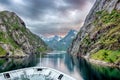 Entering Norway`s Trollfjord Under the Midnight Sun