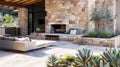 Entering the outdoor patio the minimalist sandstone design continues with a sleek stone fireplace taking center stage