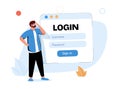 Entering personal email and security concept. Smiling man standing near login username and password and signing.