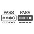 Entering secure password line and solid icon, hacker attacks concept. Vector graphics. Password input form sign on white