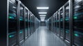 Enterprise Cloud Data Center Corridor with Server Racks, Symmetrical Perspective and Copy Space for Technology Content Royalty Free Stock Photo