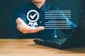 Enterprise performance checklist. Men use computers to conduct online checklist surveys and fill out digital checklists