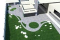 Entertaining backyard landscaping, aerial 3D illustration.