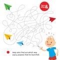 Entertaining challenge game for children. Help John find which way every paper airplane that he launched. Logic maze for Royalty Free Stock Photo
