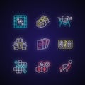 Entertaining games neon light icons set