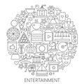 Entertainment infographic icons in circle - concept line vector illustration for cover, emblem, badge. Outline icon set.