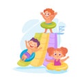 Entertainment with Little Boy and Girl Sliding Down with Rubber Ring in Amusement Aqua Park Vector Illustration