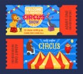 Entertainment show circus ticket to tent design, vector illustration. Carnival performance banner set, retro amusement Royalty Free Stock Photo