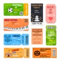 Entertainment tickets. Card for entrance, ticket on concept, cinema or music festival. Event soccer flyer, summer party