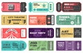 Entertainment tickets. Event cardboard labels cinema theatre kids playground music festival recent vector design tickets