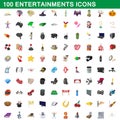 100 entertainments icons set, cartoon style