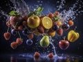 Enthralling AIGenerated Still Life Dripping Falling Fruit in LowLight Photography A Study in Cinematic Lighting and Royalty Free Stock Photo