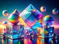 Enthralling Double Exposure of Iridescent Geometric Solids Explore a Mystical Gradient Realm of Abstract Shapes and