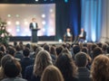 Enthralling Event: High Profile Professionals Deliver Keynotes at Glitzy Corporate Gathering Featuring Diverse Attire and Technico Royalty Free Stock Photo