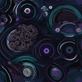 Enthralling maximalist pattern with blue and purple circles on black