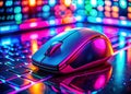 Enthralling Neon Glow Illuminates Cyberpunk Laptop and Mouse A CloseUp Tech Aesthetic