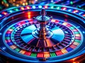 Enthralling Neon Roulette Wheel A Nighttime Casino Experience Under Sparkling Lights and Dramatic Shadows Royalty Free Stock Photo