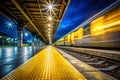 Enthralling Nighttime View of a Yellow Train at a LowLight Station with Intriguing Platform Stripes Royalty Free Stock Photo