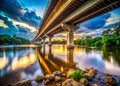 Enthralling Perspective of Thailands Thep Suda Bridge A Stunning River Landscape Beneath the Iconic Structure Royalty Free Stock Photo