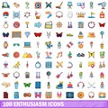 100 enthusiasm icons set, cartoon style