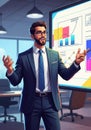Enthusiastic Businessman Explaining Charts on Presentation Board in Royalty Free Stock Photo
