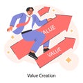 Enthusiastic businessman rides upward arrows labeled Value. Ascending Royalty Free Stock Photo