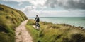 An enthusiastic cyclist riding along a scenic coastal path, emphasizing the health benefits and enjoyment of outdoor