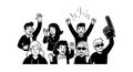 Enthusiastic diverse group of people celebrating with raised hands and cheering in black and white vector illustration Royalty Free Stock Photo