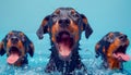 Enthusiastic Doberman Pinschers Splash and Play in Refreshing Blue Pool Joyful and Energetic Dogs Having Fun in Water Royalty Free Stock Photo